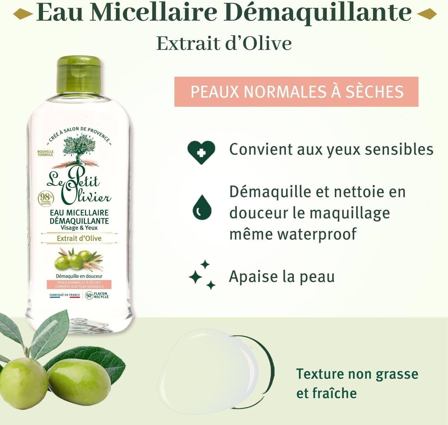 LE PETIT OLIVIER - Eau Micellaire Démaquillante Visage et Yeux Extraits Olive - 400ml