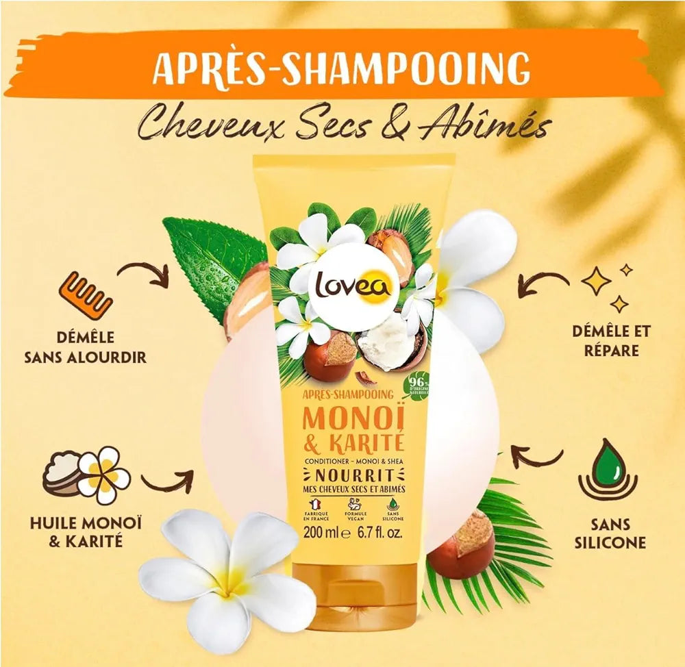 LOVEA - Après Shampooing Monoi, Karité & Shea - Cheveux Secs et Abîmés- 200ml