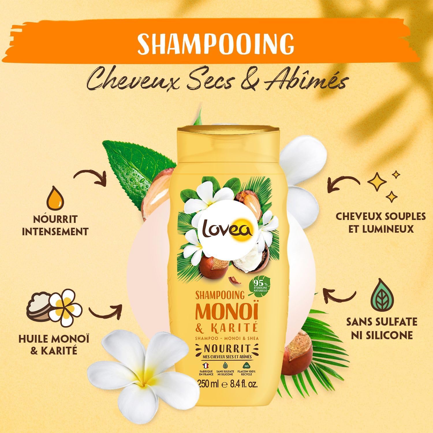 LOVEA - Shampooing Monoi, Karité & Shea - Cheveux Secs et Abîmés - 250ml