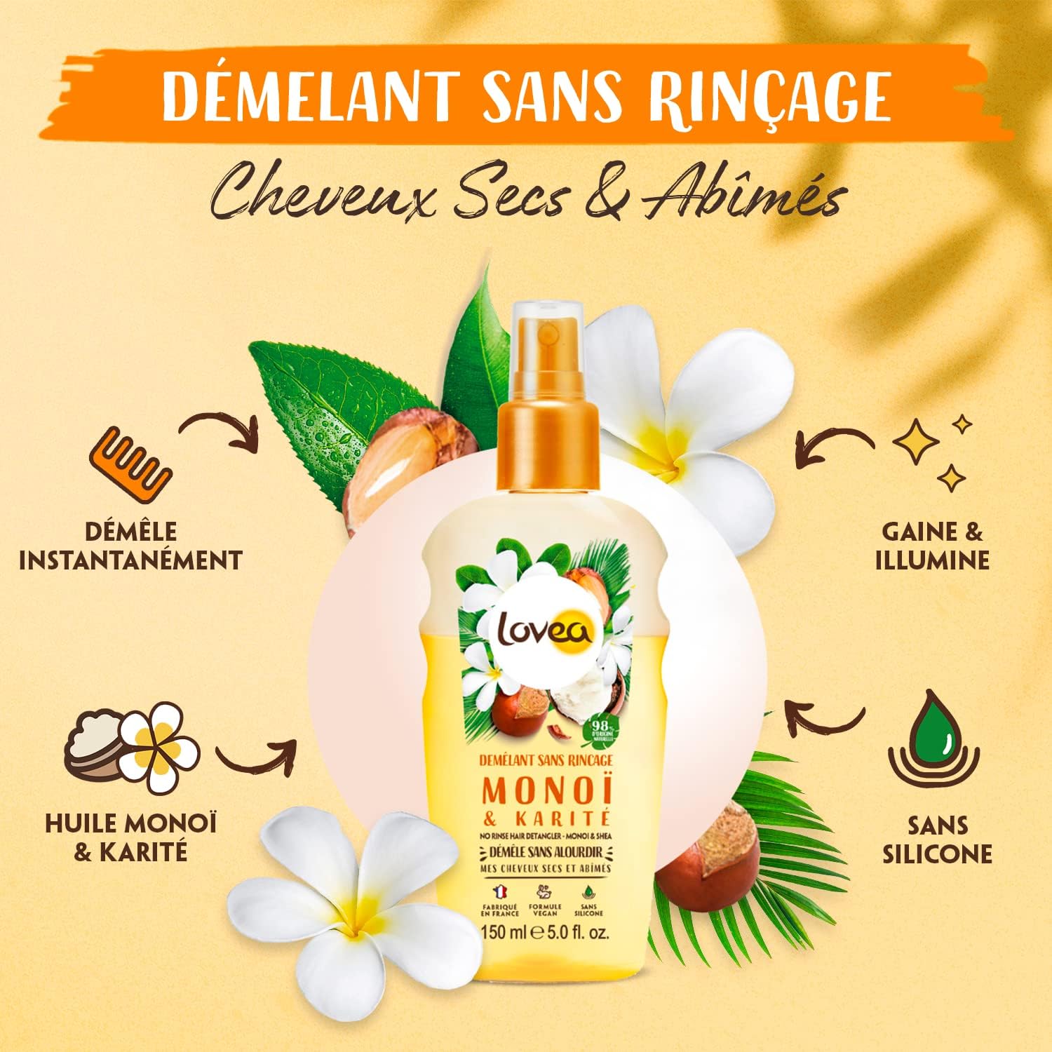 LOVEA - Spray Démêlant Monoi, Karité & Shea - Cheveux Secs et Abîmés - 150ml