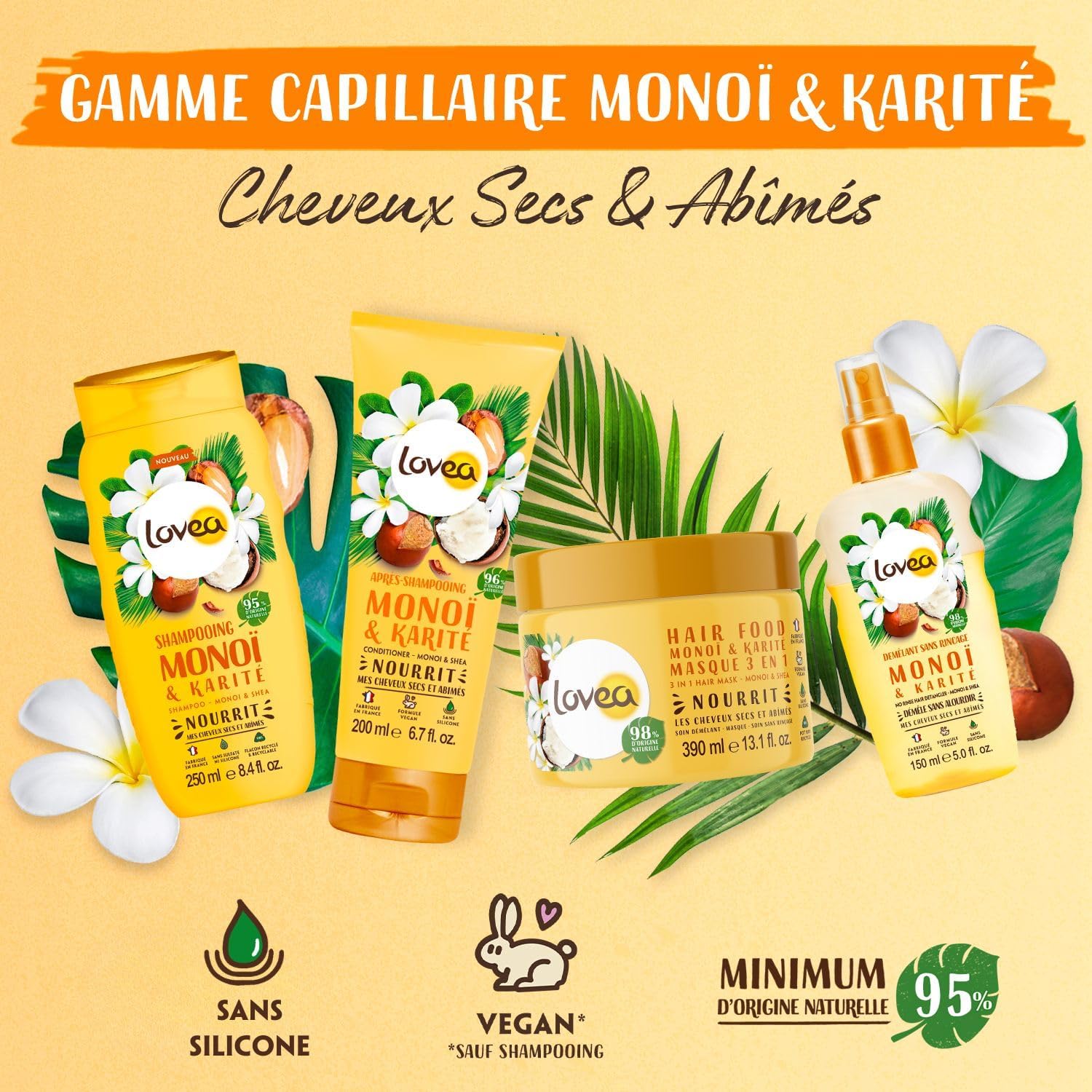 LOVEA - Après Shampooing Monoi, Karité & Shea - Cheveux Secs et Abîmés- 200ml